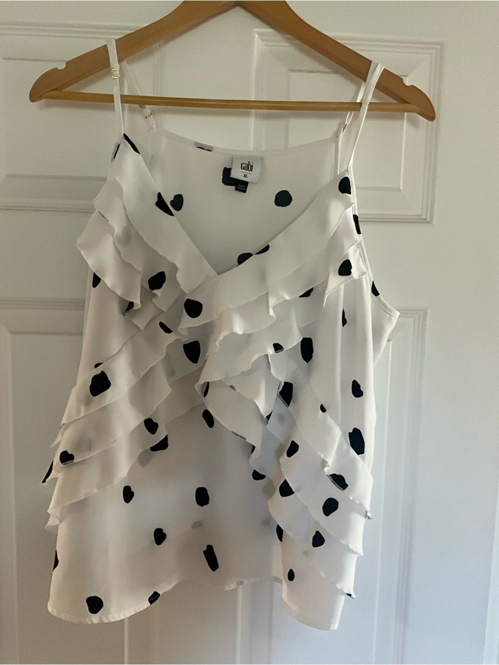 CAbi White and Black Polka Dot Ruffle Camisole
